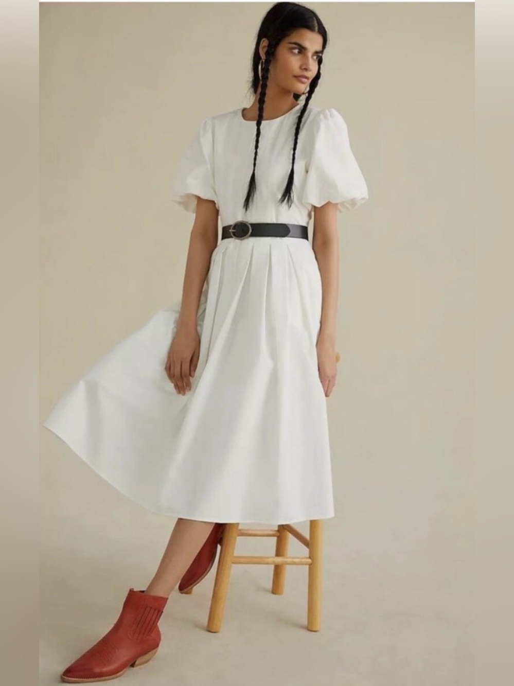 Eri + Ali  Anthropologie White Cotton Puff Sleeve A-Line Midi Dress